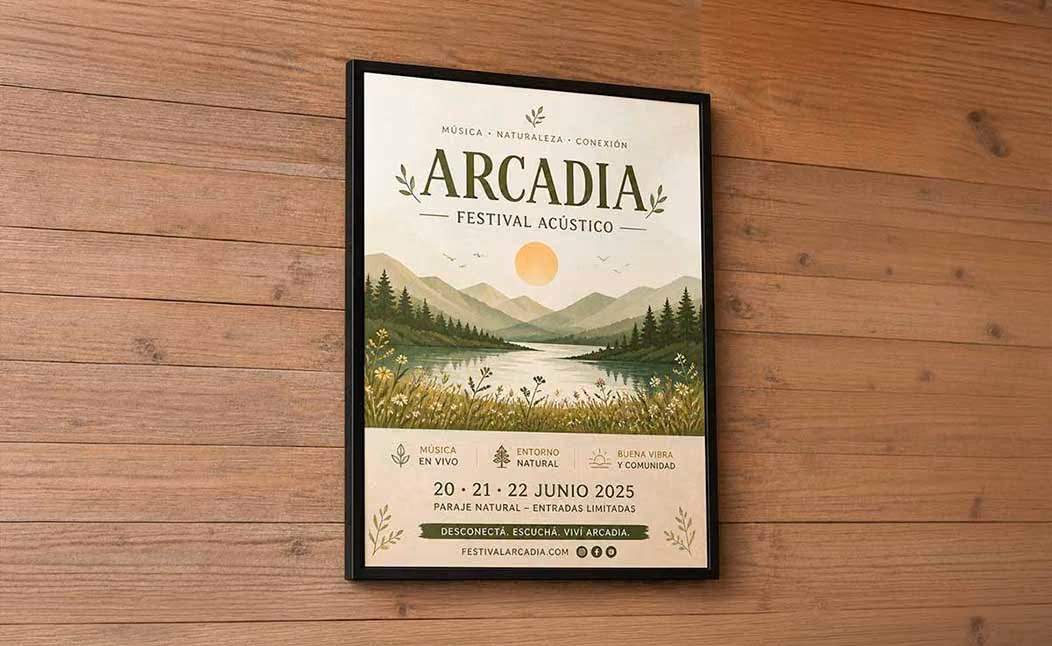 Cartel del festival acústico Arcadia en un marco digital en madera.